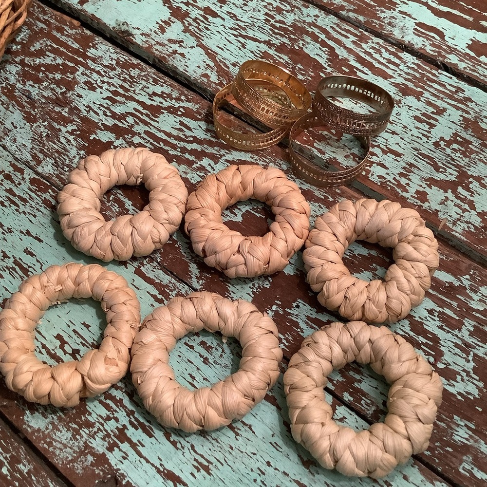 Vintage Mismatched 10 Boho Raffia + Gold Metal Napkin Rings